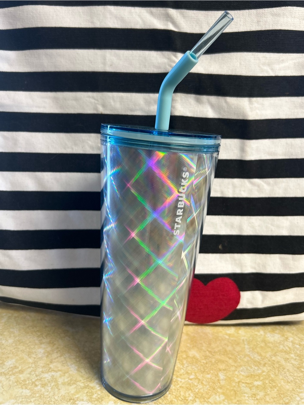 Starbucks Iridescent Prism Tumbler with Blue Lid and Straw
